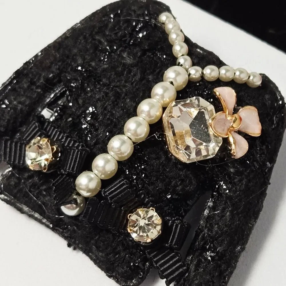 Black Blazer Brooch Pearl Rhinestone Bow Handbag Dangle Mini Couture Lapel Pin